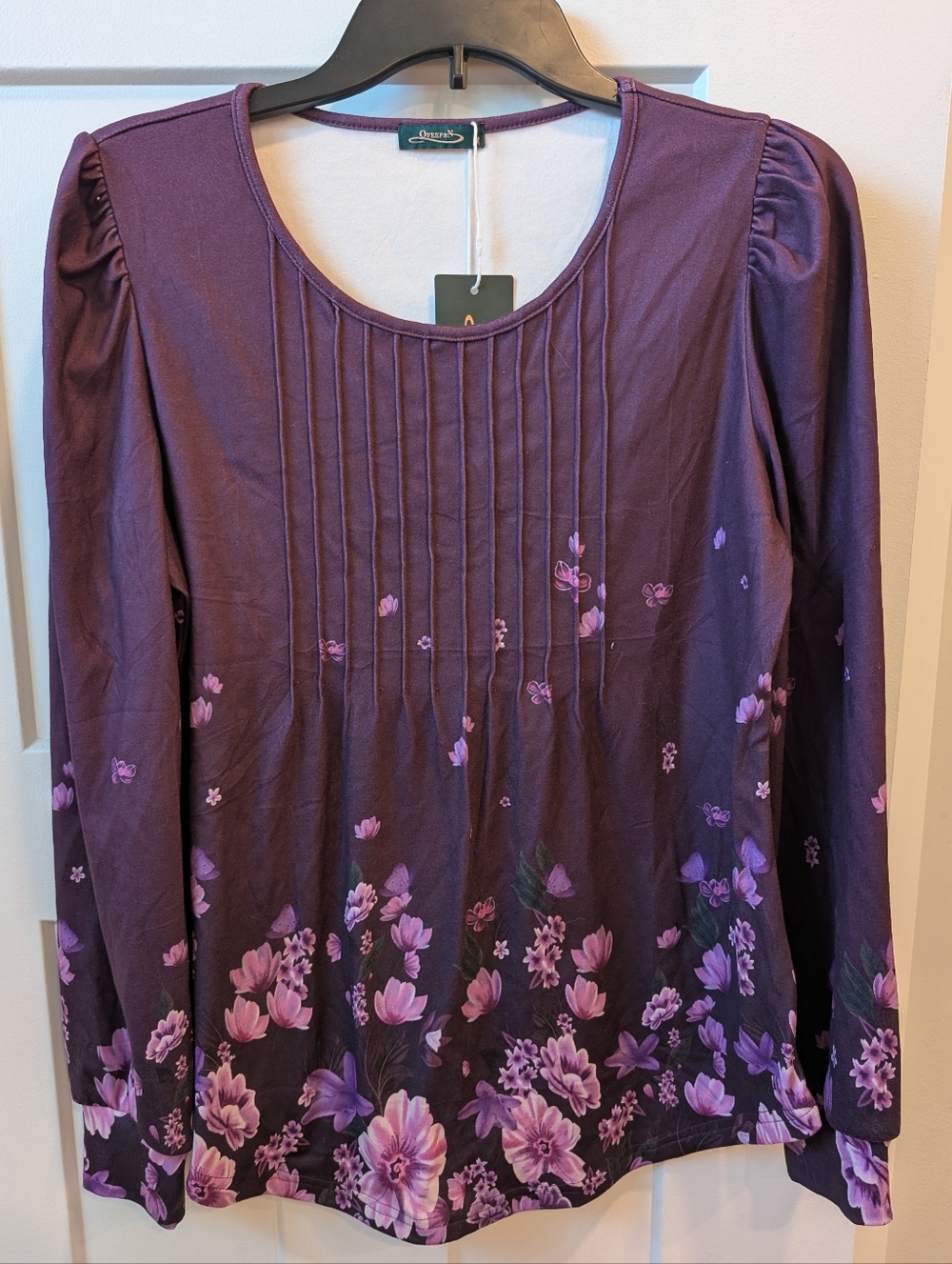 Ofeefan Purple Floral Pintuck Long-Sleeve Tee